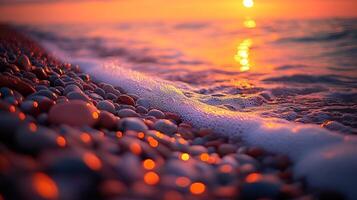 Sunset waves washing over colorful pebbles on beach. photo