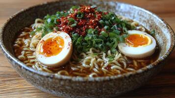 Spicy ramen noodles with soft boiled eggs and green onions. photo
