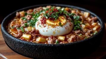 Spicy ramen noodles with soft boiled egg, ground meat, and vegetables in a cast iron skillet. photo