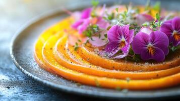 Sliced peaches with pansies and thyme. photo