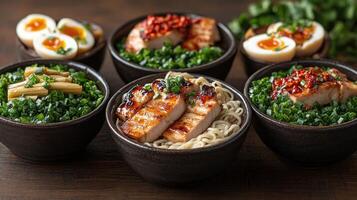 Six bowls of ramen with grilled chicken, soft boiled eggs, and scallions. photo