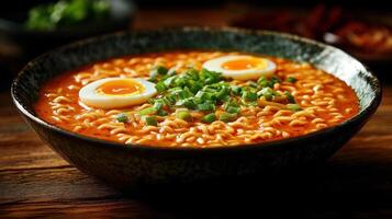 Spicy ramen noodles with soft boiled eggs and green onions in a bowl. photo