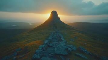 Sunset over a majestic peak, path leading to summit. photo