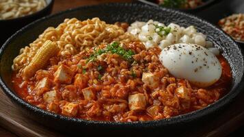 Spicy Ramen with Tofu, Egg, and Corn. photo