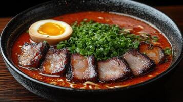 Spicy ramen with chashu pork and soft boiled egg. photo