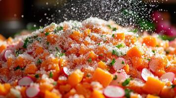 Roasted butternut squash salad with parmesan and radish. photo