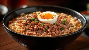 Spicy ramen noodles with minced pork and soft boiled egg in a dark bowl. photo