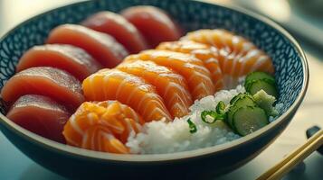 Salmon and tuna sashimi bowl with rice and cucumber. photo