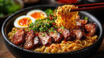 Spicy ramen noodles with chashu pork and soft boiled egg. photo
