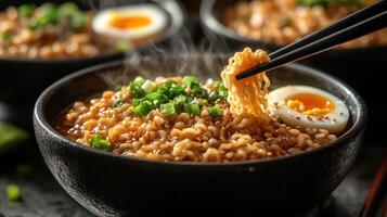 Steaming bowl of ramen noodles with soft boiled egg and green onions. photo