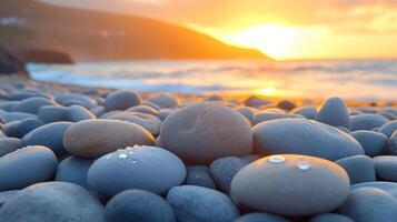 Sunrise over ocean beach with dew-covered pebbles. photo