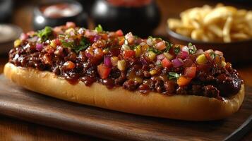 Sloppy joe on a long roll with fresh salsa and french fries. photo