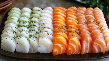 Sashimi platter with salmon, scallops, and squid. photo