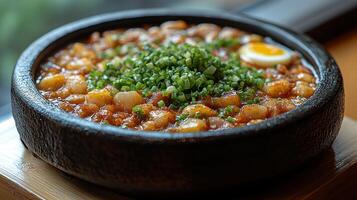 Spicy seafood stew in a stone bowl, garnished with scallions and a soft-boiled egg. photo