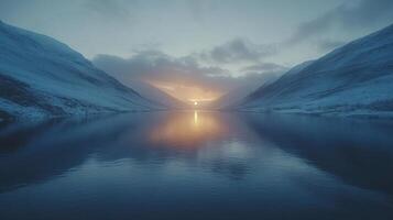 Sunset over serene, snow-capped mountains reflected in calm lake water. photo