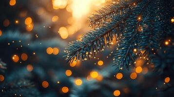 Sparkling pine branch with bokeh lights. photo