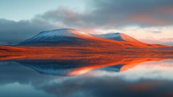 Sunrise over snow-capped mountains reflected in a calm lake. photo