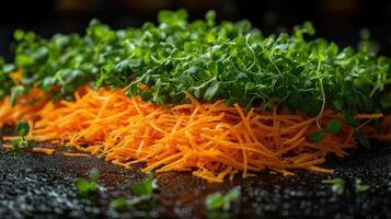 Shredded carrots and microgreens on dark surface. photo