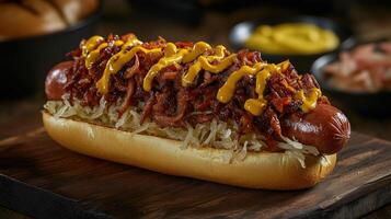Savory hot dog with caramelized onions, sauerkraut, and mustard. photo