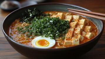 Spicy ramen bowl with soft boiled egg, tofu, and green onions. photo