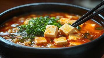 Spicy Tofu Noodle Soup with Chopsticks. photo