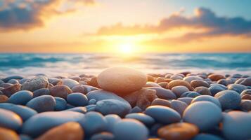 Sunset over ocean, pebbles on beach. photo