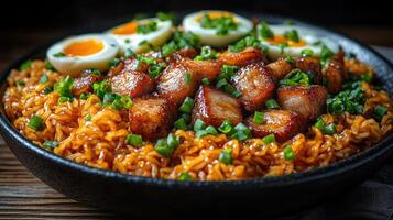 Spicy ramen noodles with chashu pork and soft boiled eggs. photo