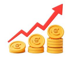 Stacks of euro coins and rising red arrow showing a chart with increasing profits isolated on white background photo