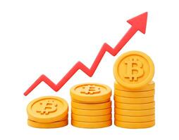 Stacks of Bitcoin coins and rising red arrow showing increasing profits isolated on white background. Cartoonish 3D render style photo