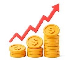 Stacks of dollar coins and rising red arrow showing increasing profits isolated on white background. Cartoonish 3D render style photo