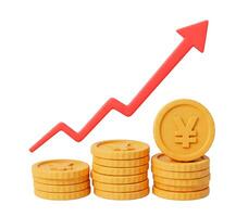 Stacks of Yen coins and rising red arrow showing increasing profits isolated on white background. Cartoonish 3D render style photo