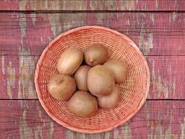 A basket of kiwis on a wooden table video