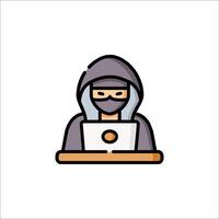 A person in a hoodie and mask sitting at a desk with a laptop vector