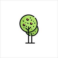 A green tree with fruit on it is shown in a line drawing vector