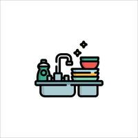 A kitchen sink with dishes and a faucet vector
