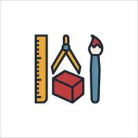 A drawing tool, ruler and pencil are shown in a line vector