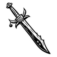 A black and white drawing of a sword with a gold chain hanging from it vector