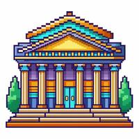 Colorful Pixel Art Bank Building with Columns and Trees Retro Digital Illustration vector