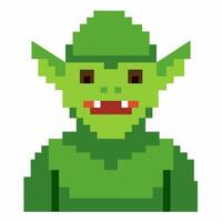 Pixel Art of Green Elf with Pointy Ears and Red Eyes in 8 Bit Style vector