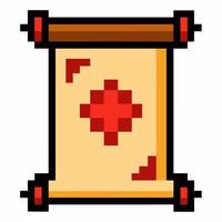 Pixel Art Scroll Icon with Red Ornamental Design on Parchment Background vector