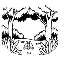 nature illustration with trees and a beetle in serene forest landscape vector