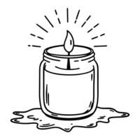hand drawn candle in jar simple line art of illuminated wax container with glowing flame, outline illustration vector