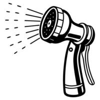 Handheld garden hose nozzle spraying water black and white illustration of watering tool for gardening and lawn care vector