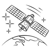 Satellite orbiting earth in space with stars spacecraft illustration, cosmic exploration, communication technology vector