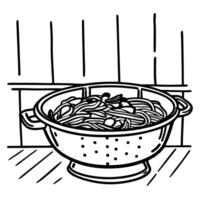Colander with pasta sketch kitchen utensils, spaghetti preparation, simple line art illustration vector