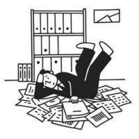 Overwhelmed office worker in paper chaos, stressful workplace, document overload illustration vector