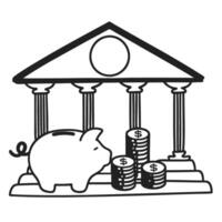 Piggy bank and coins in front of classical pillar building symbolizing savings and finance vector