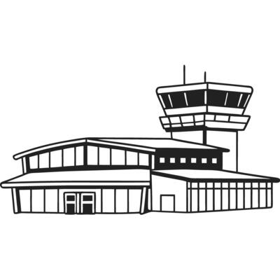 airport terminal and control tower icon illustration black and white aviation building, flight operations design
