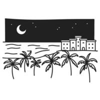 Nighttime tropical beach scene with moon, palm trees, and distant building in silhouette vector