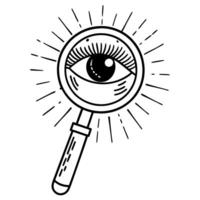 magnifying glass with eye illustration vision, focus, insight, curiosity in simple black and white design vector